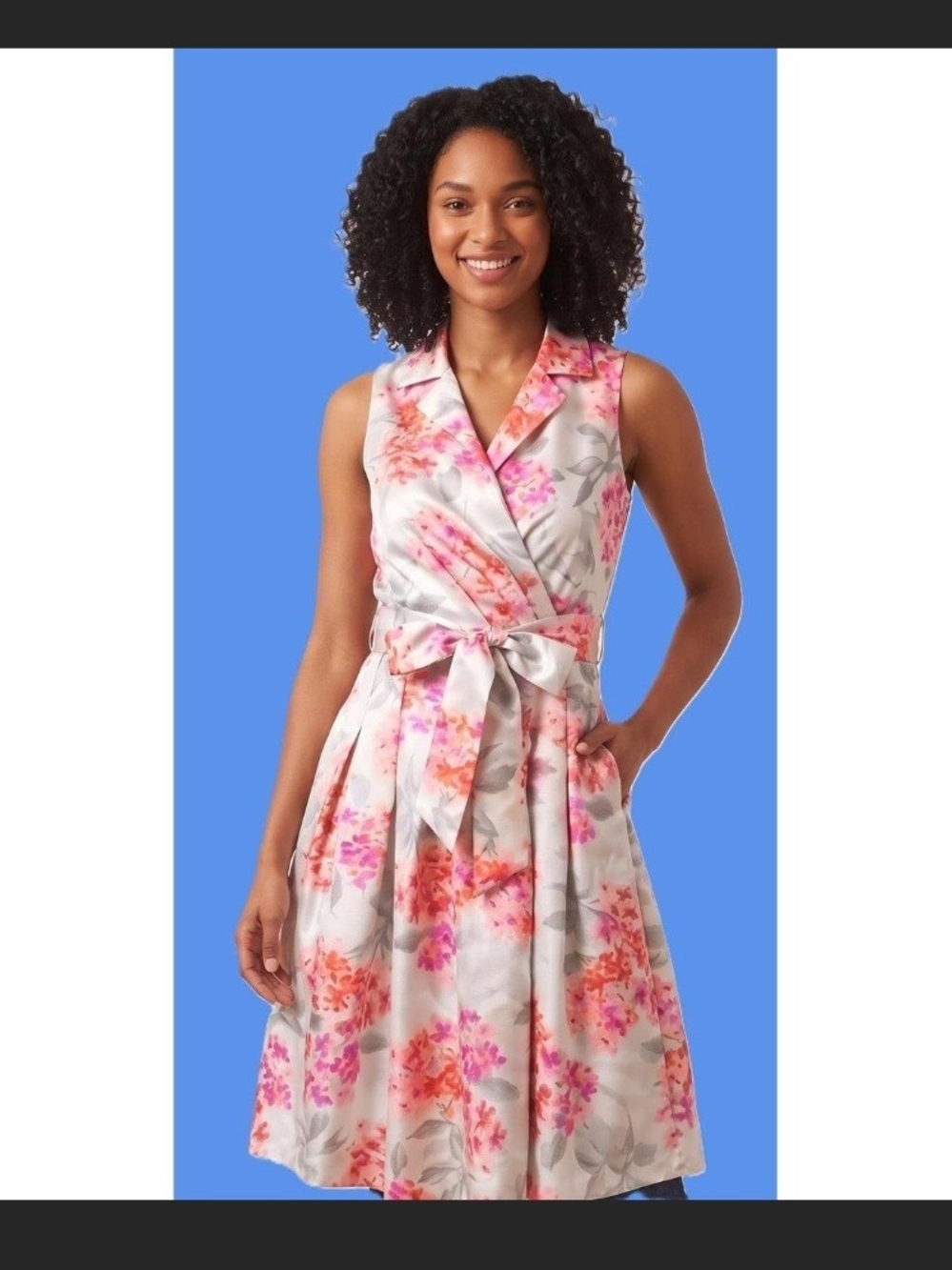 Jessica Howard Pink and Coral Floral Tie-Waist Dress Size 14